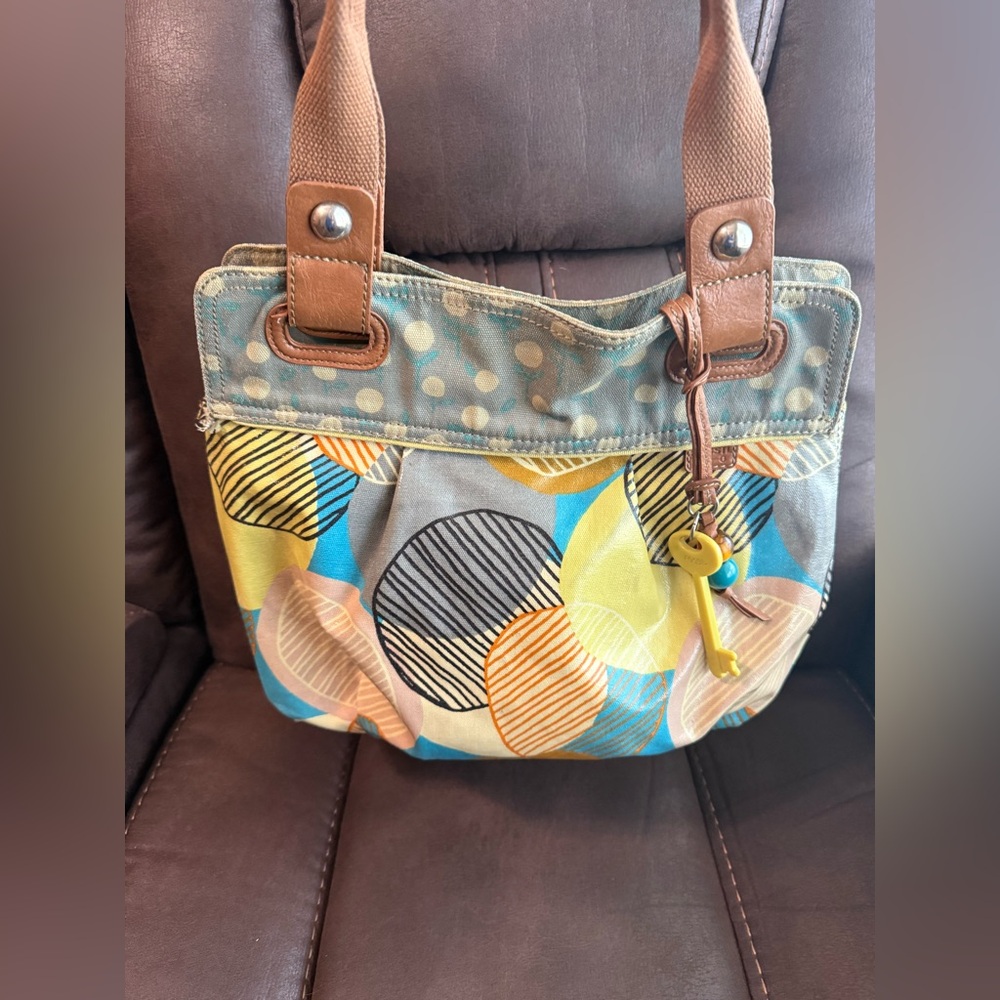 Fossil Key-Per Multicolor Tote Bag Circles WITH KEY and keychains